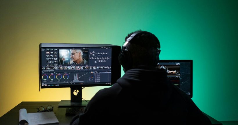 A video editor works on dual monitors with headphones, focusing on color correction.