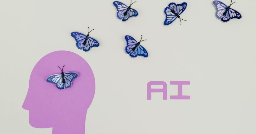 Surreal AI conceptual art featuring butterflies and a human head silhouette in a minimalistic style.