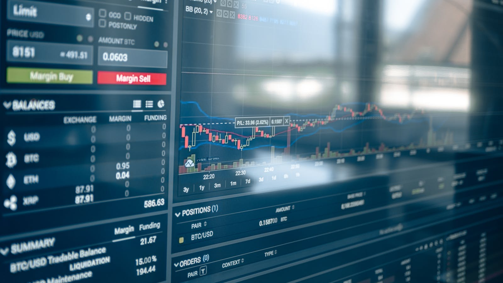 Close-up of a digital screen displaying stock trading graphs and cryptocurrency values. Ideal for finance and technology themes.