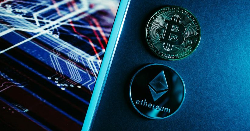 Bitcoin and Ethereum coins on a digital circuitry background symbolizing blockchain technology.