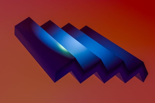 3D abstract art with blue geometric shapes on a warm orange background.