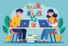 Two People Working on Laptops at Table, Two students sitting at table with laptop and pile of books, Simple and minimalist flat Vector Illustration