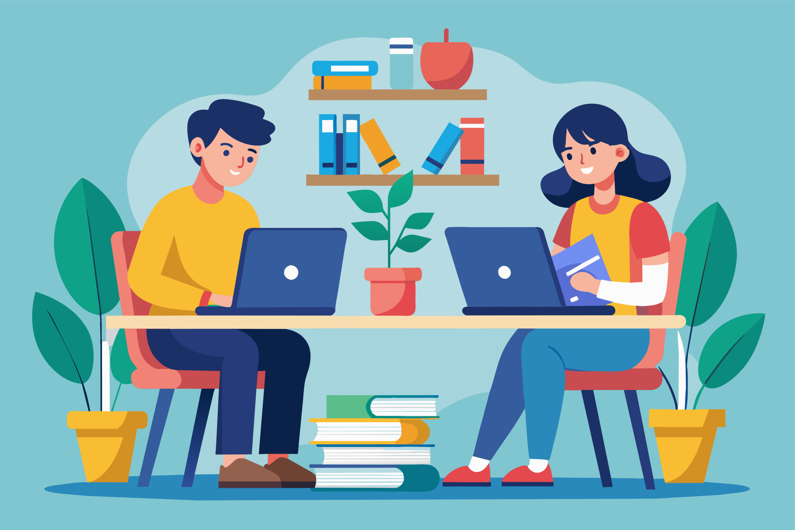 Two People Working on Laptops at Table, Two students sitting at table with laptop and pile of books, Simple and minimalist flat Vector Illustration