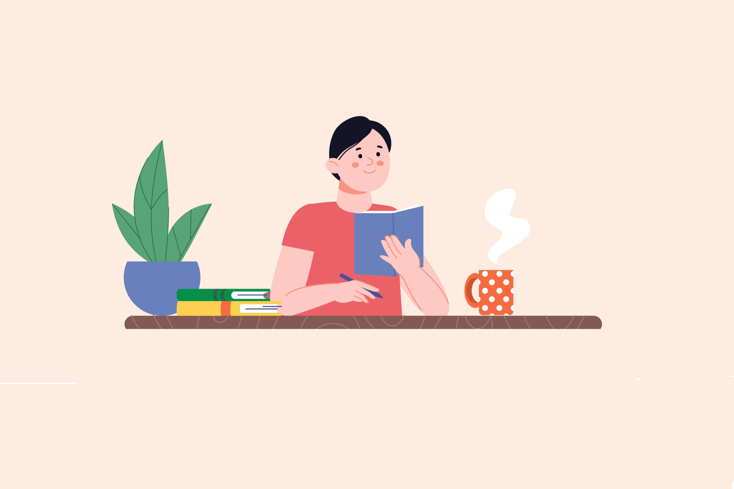 Education concept. Young boy with book at desk, reading lesson and studying. Student prepare exam, vector educational scene