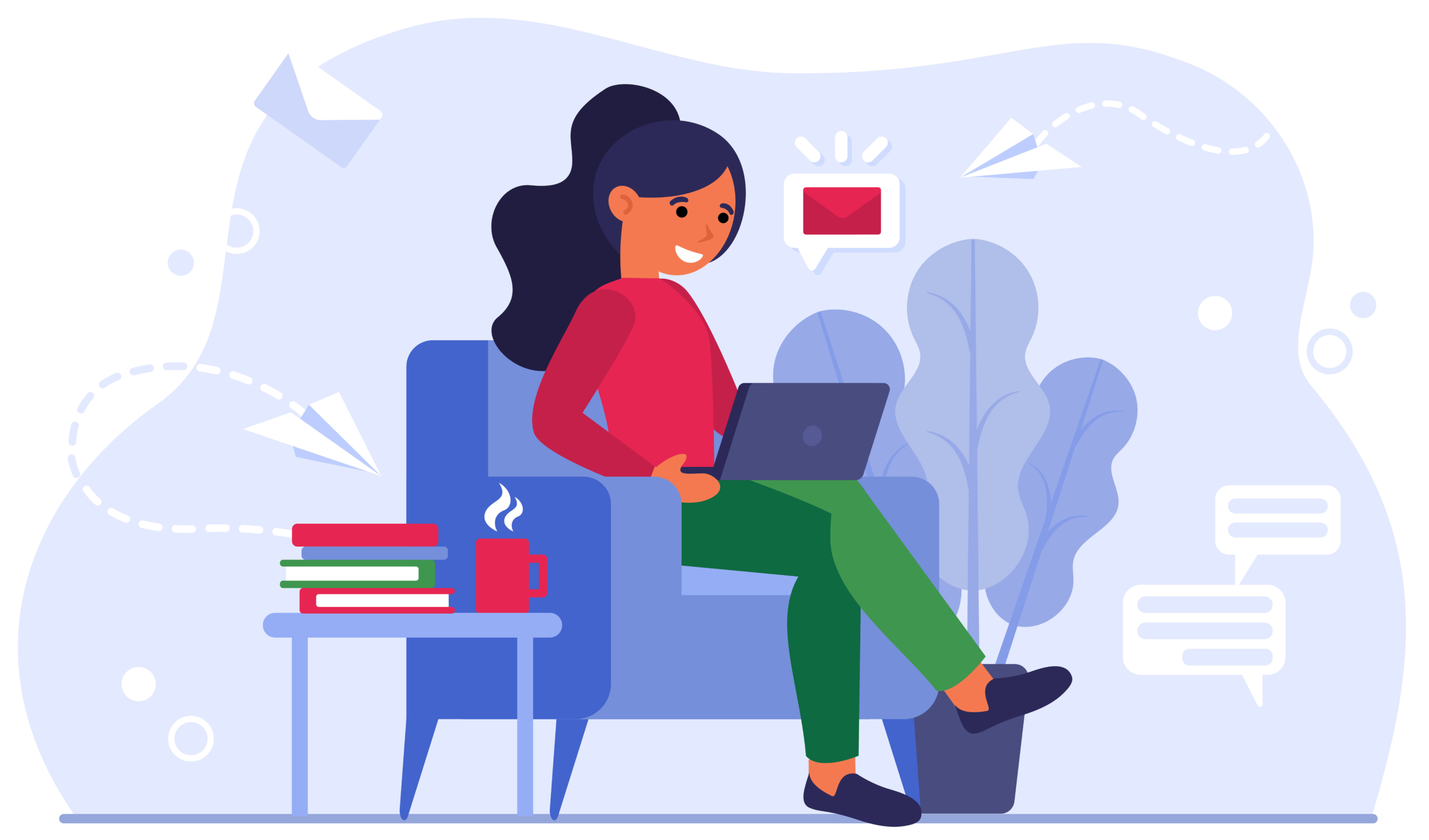 Young woman at home office flat vector illustration Young woman at home office flat vector illustration