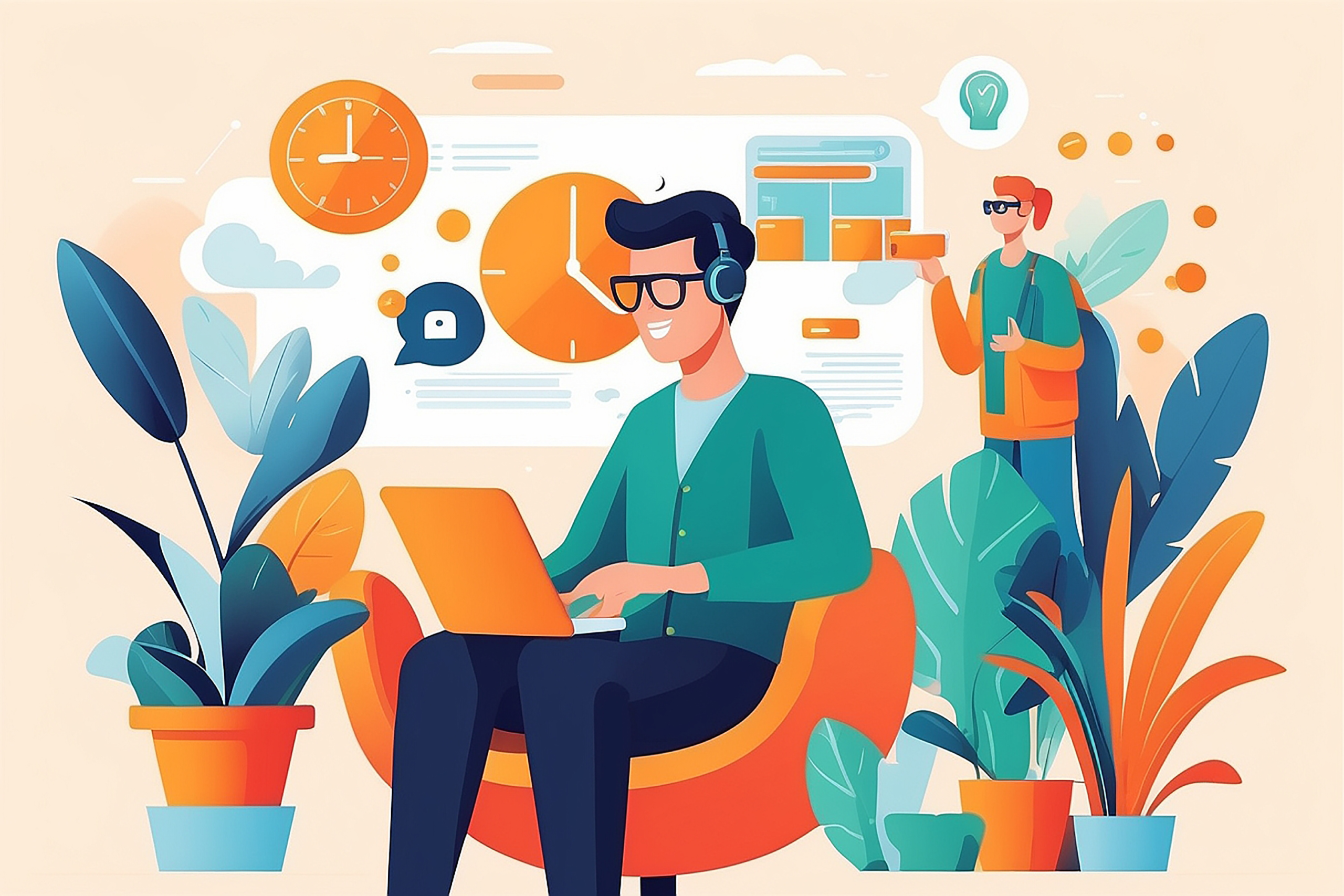 a flat-style vector of a person enjoying a virtual team happy ho