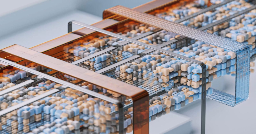 Dynamic 3D render of abstract geometric data paths with colorful blocks representing data flow.