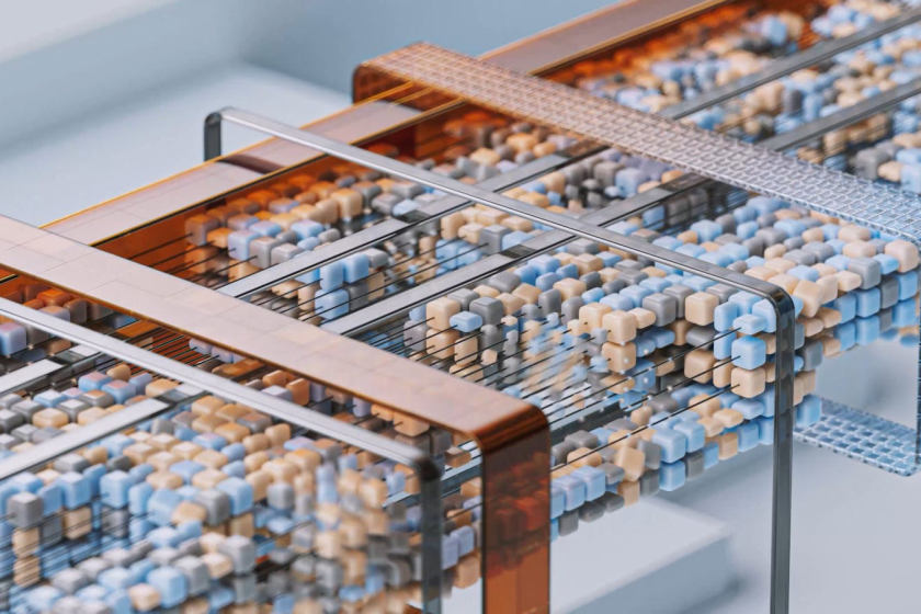 Dynamic 3D render of abstract geometric data paths with colorful blocks representing data flow.