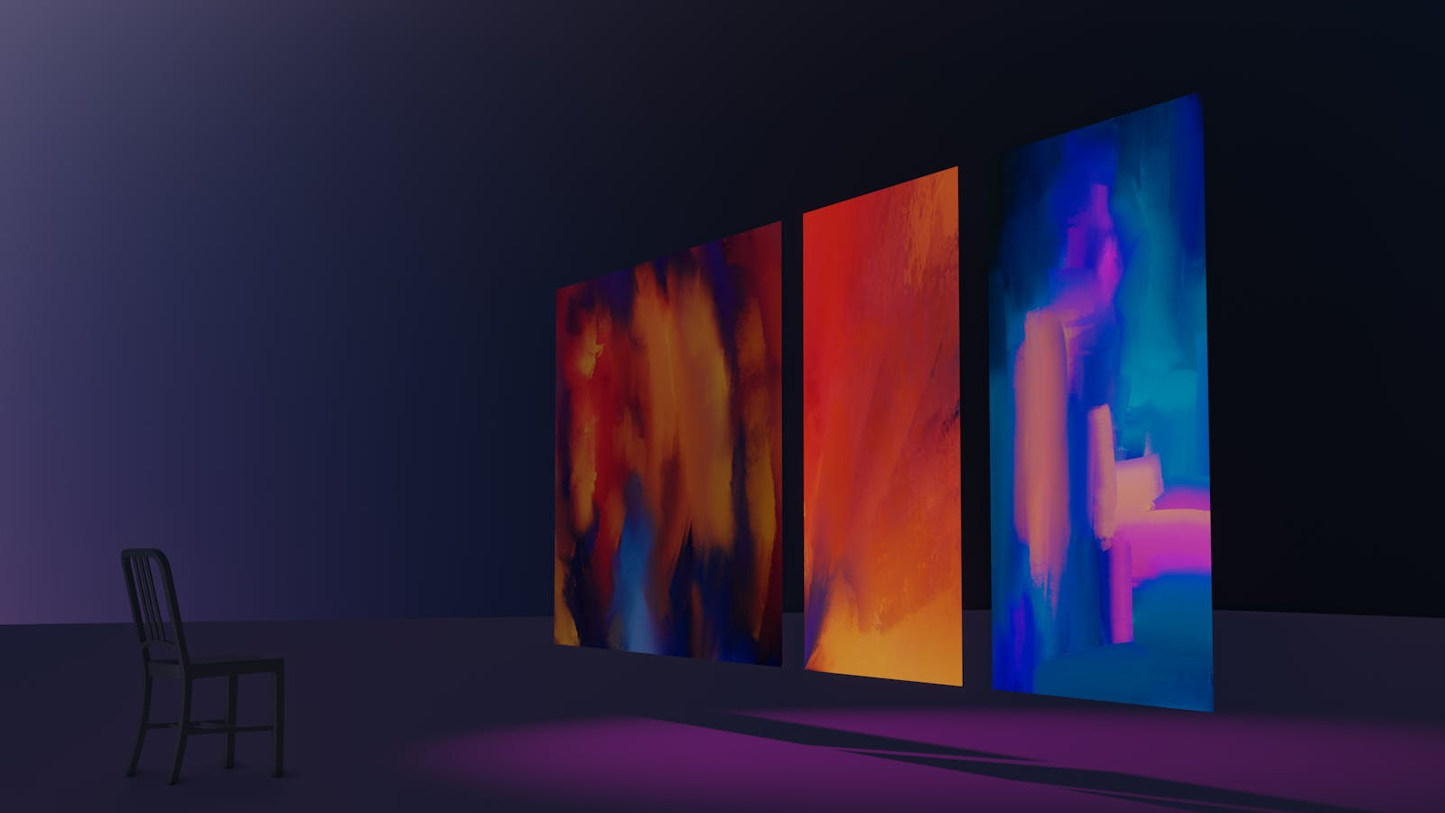 Dark room with vibrant abstract paintings and a chair, creating a moody atmosphere.