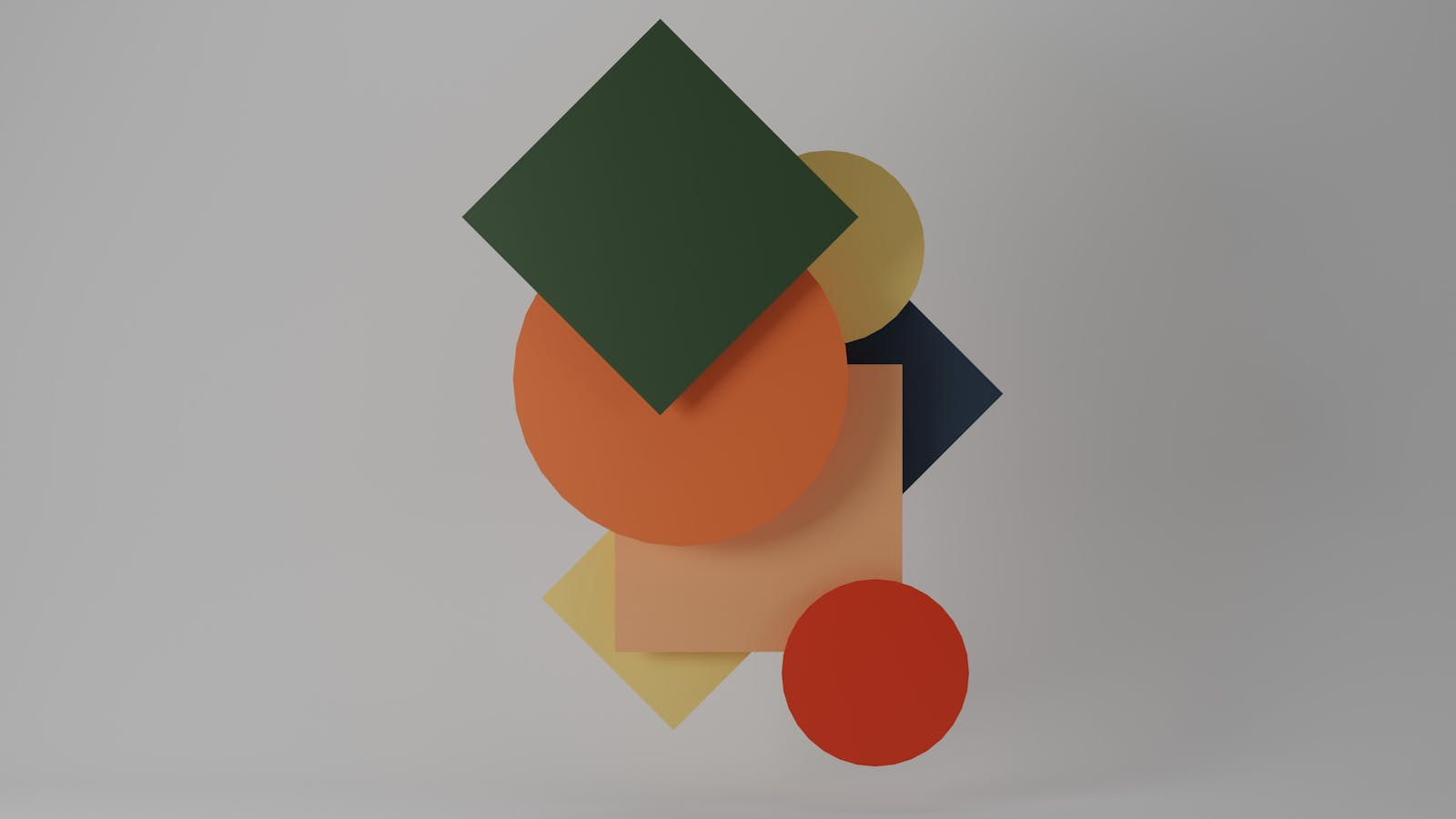 A modern composition of overlapping geometric shapes in vibrant colors forming an abstract design.