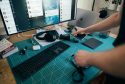 person using computer on table