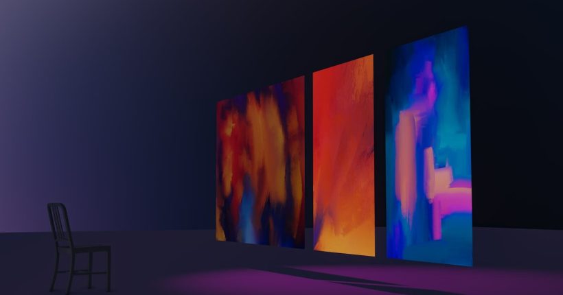Dark room with vibrant abstract paintings and a chair, creating a moody atmosphere.