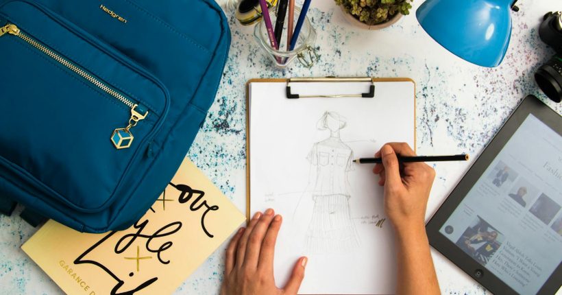 Top view of a designer sketching fashion ideas in a creative workspace with various tools.