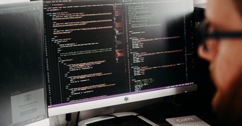 Focused software developer at desk coding with multiple monitors in a modern workspace.
