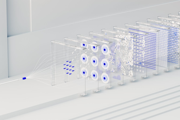 Visual abstraction of neural networks in AI technology, featuring data flow and algorithms.