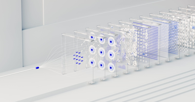 Visual abstraction of neural networks in AI technology, featuring data flow and algorithms.
