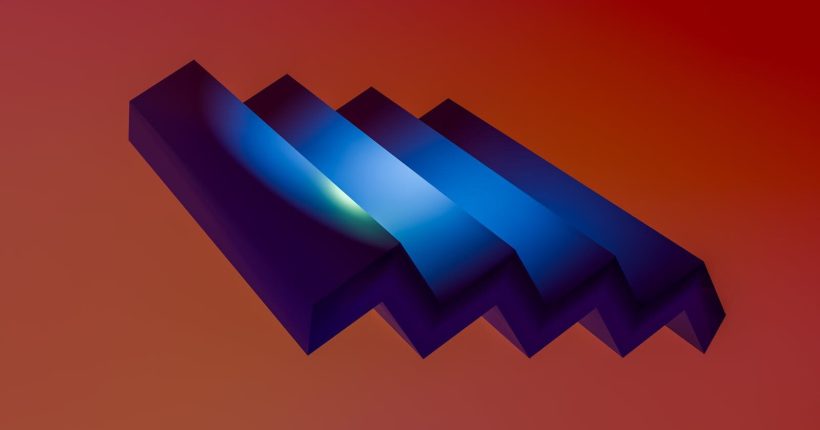 3D abstract art with blue geometric shapes on a warm orange background.