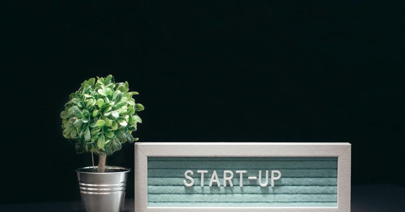 A modern close-up of a start-up theme with a potted plant and text board on a black background.