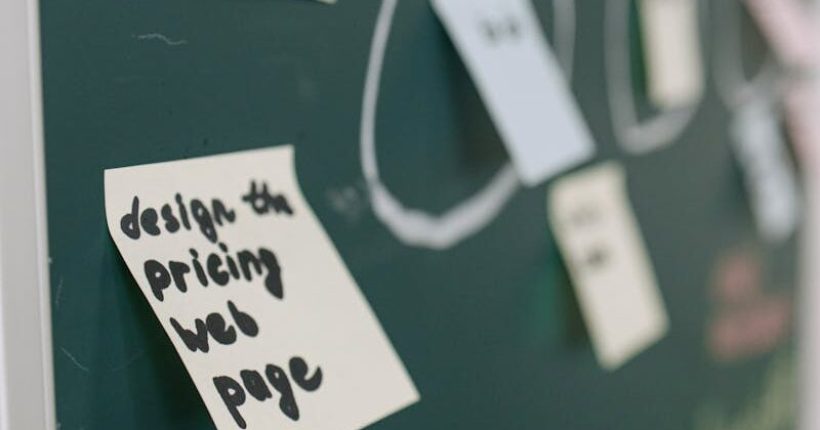 A close-up view of brainstorming notes and sketches on a chalkboard in an office setting.