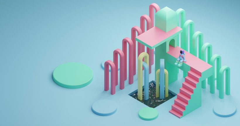 a person standing on top of a pink and green structure