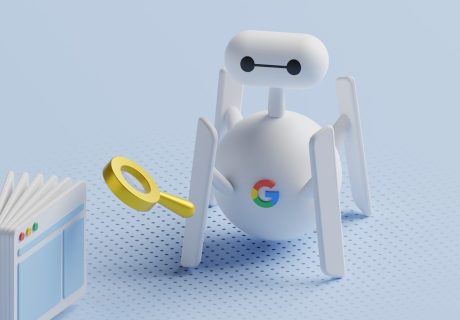 a small robot looking at a book with a magnifying glass