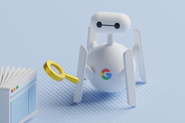 a small robot looking at a book with a magnifying glass