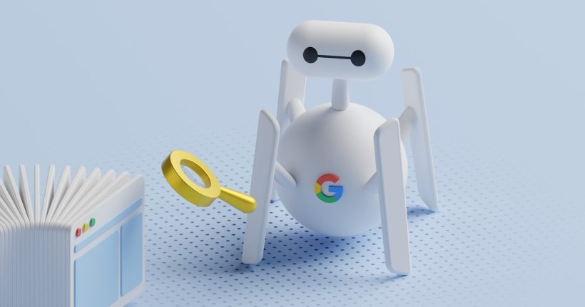 a small robot looking at a book with a magnifying glass