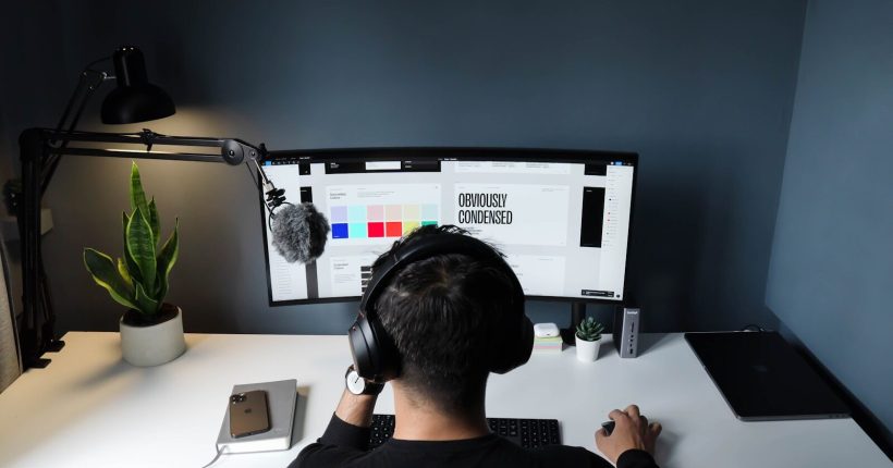 man in black shirt sitting in front of computer