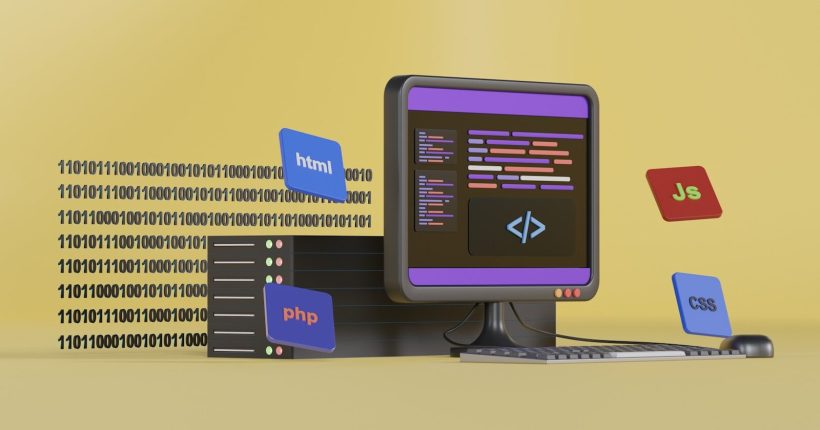 a computer screen with a keyboard and a box with a logo